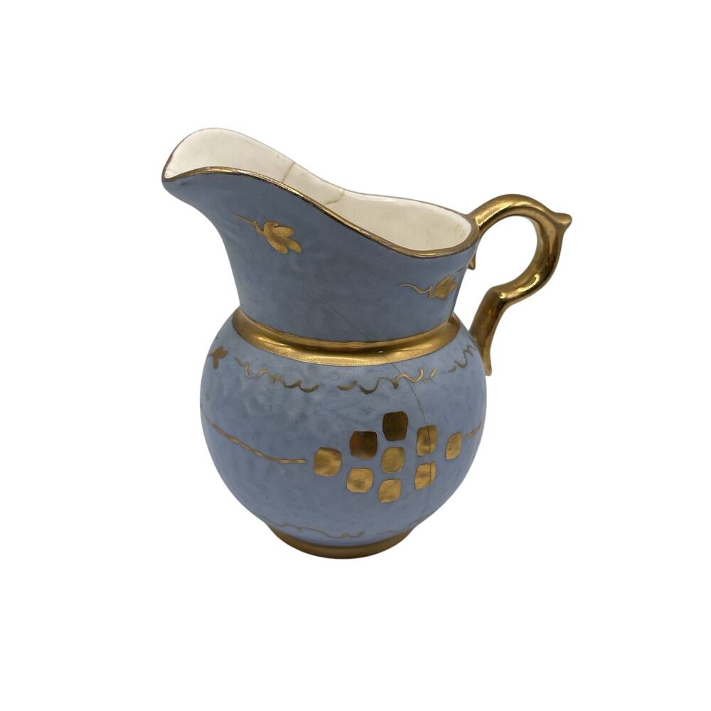 Antique Hand Painted Porcelain Pitcher Blue Gold Edwardian c1900